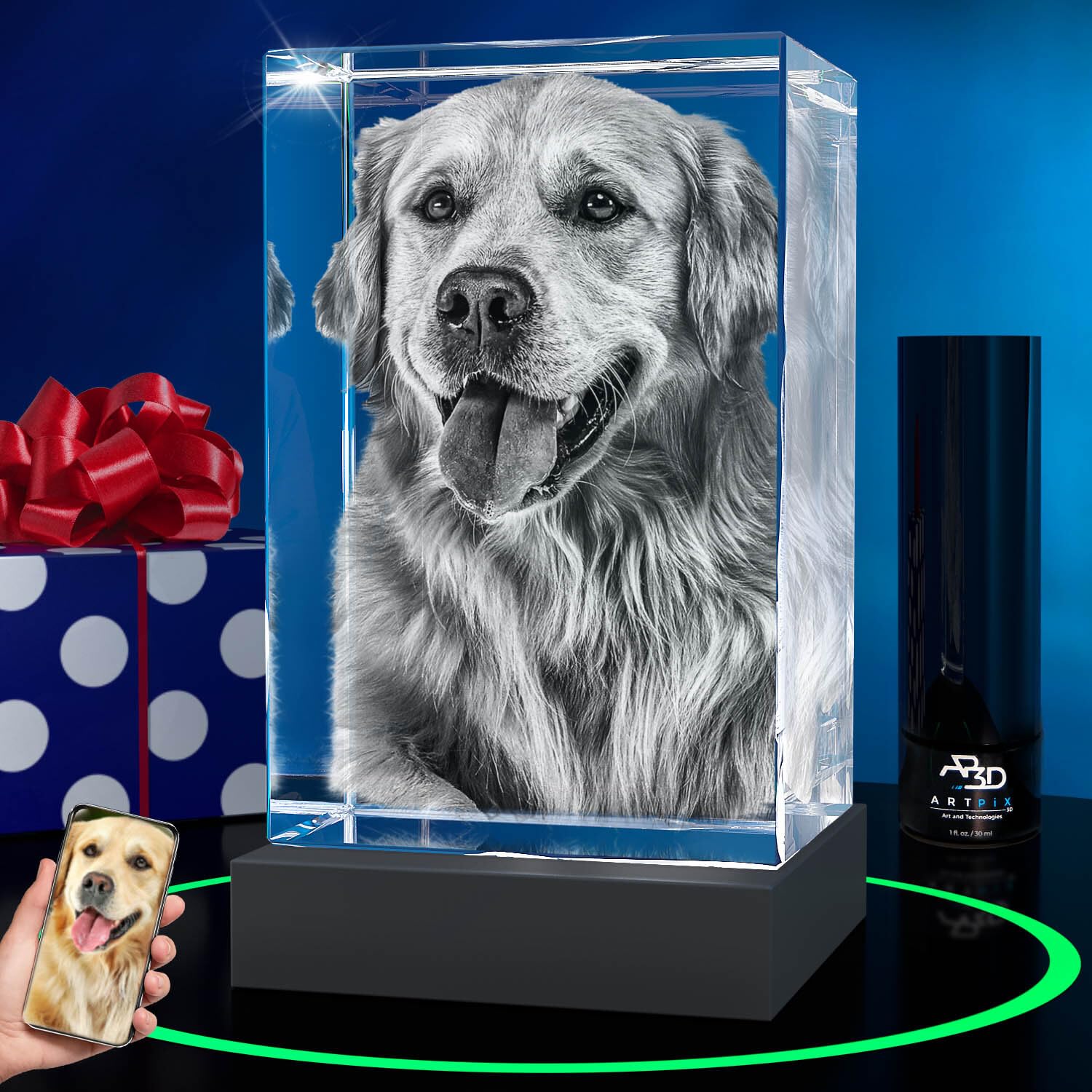 ArtPix 3D Crystal Photo, Personalized Dog Memorial Gifts with Your Own Photo for Dog Lovers, Pet Owners, 3D Laser Etched Picture, Engraved Crystal in Memory of Dog, Customized Gifts
