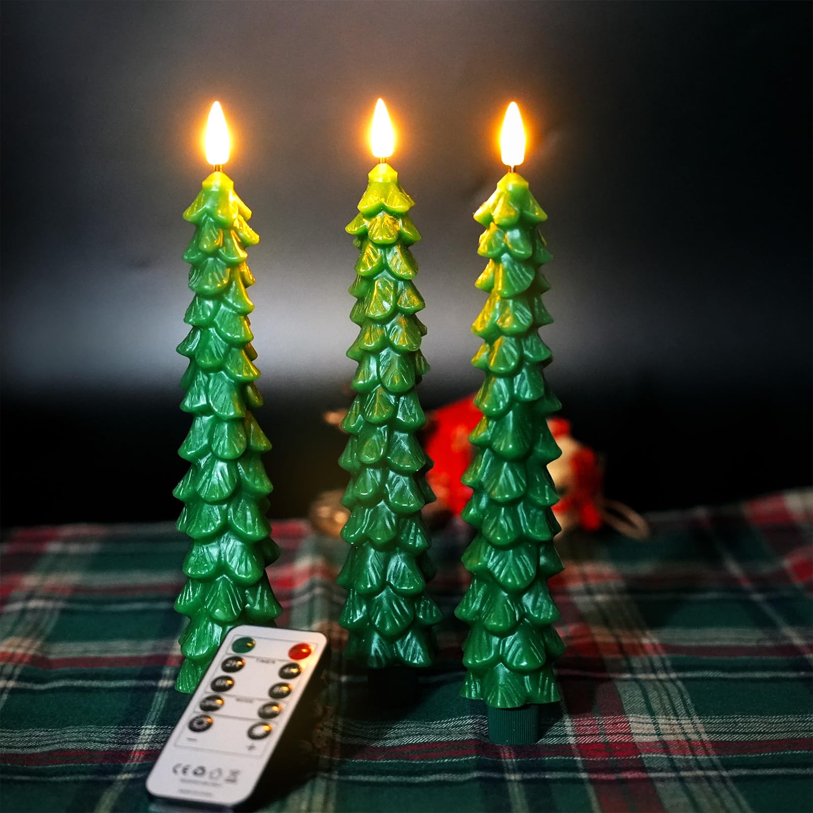 FPOO Christmas Decorations Indoor, 3 PCS Waxy Christmas Tree Candles with Remote Timer, Battery LED Candlesticks for Window, Table Centerpiece, Xmas Decor, Gift (7.5 inches)