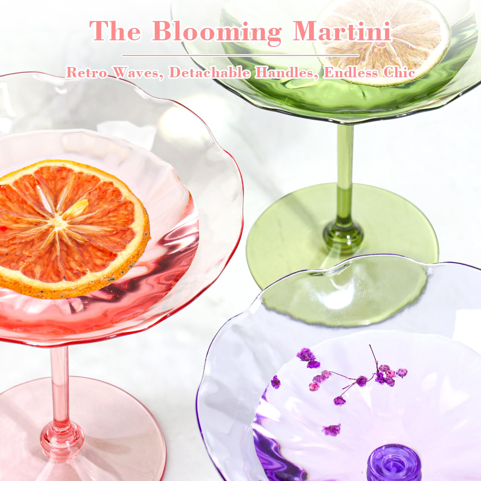 12 Pcs Colorful Plastic Martini Glasses 7oz Flower Cocktail Coupe Glasses 6 Color Disposable Martini Cup Vintage Detachable Dessert Parfait Glassware for Wedding Birthday Bachelorette Party