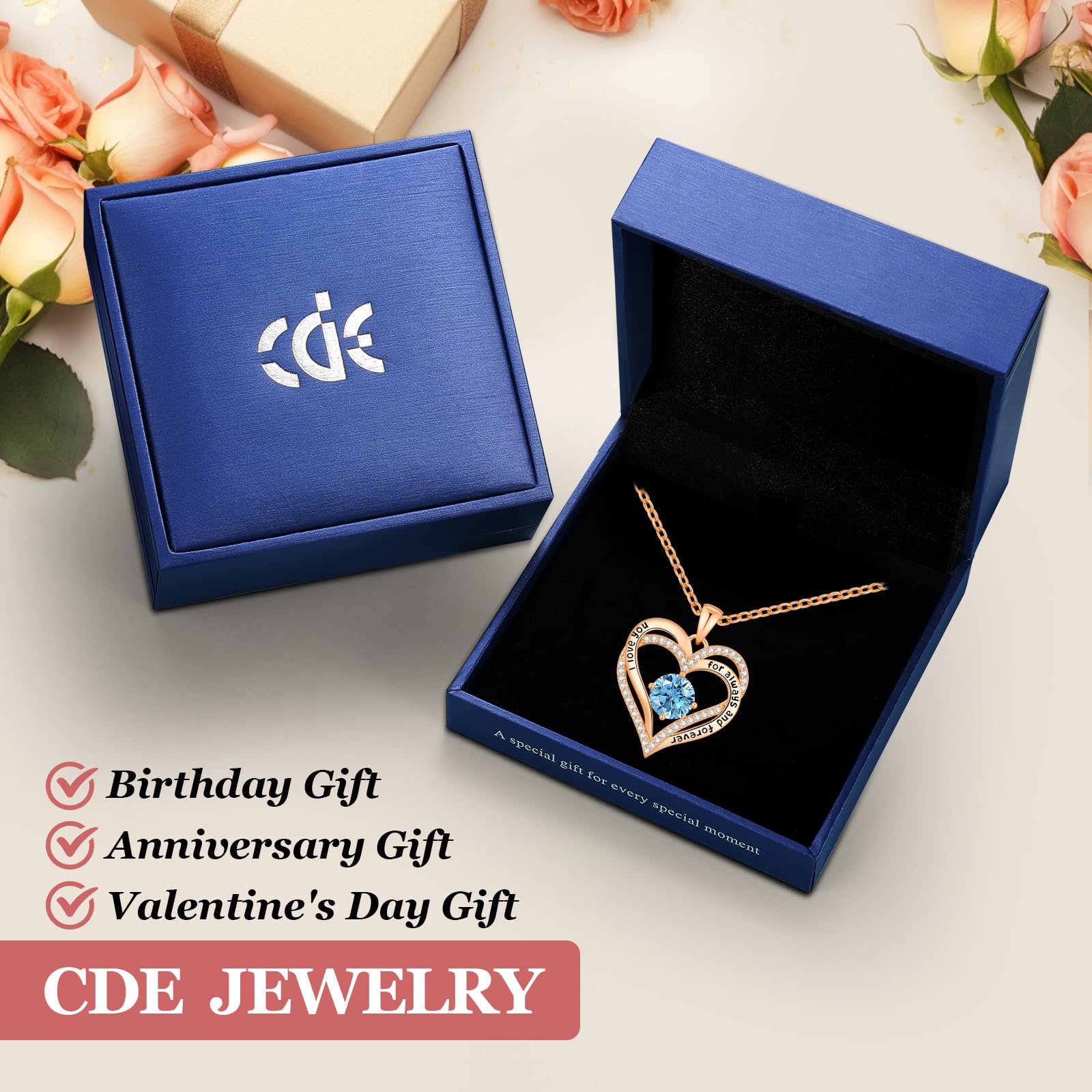 CDE Forever Love Heart Necklaces for Women, Wedding Anniversary, Valentine's，Birthday Mothers Christmas Day Gifts for Mom, Mother, Wife, S925 Silver Jewelry with Birthstone Pendant