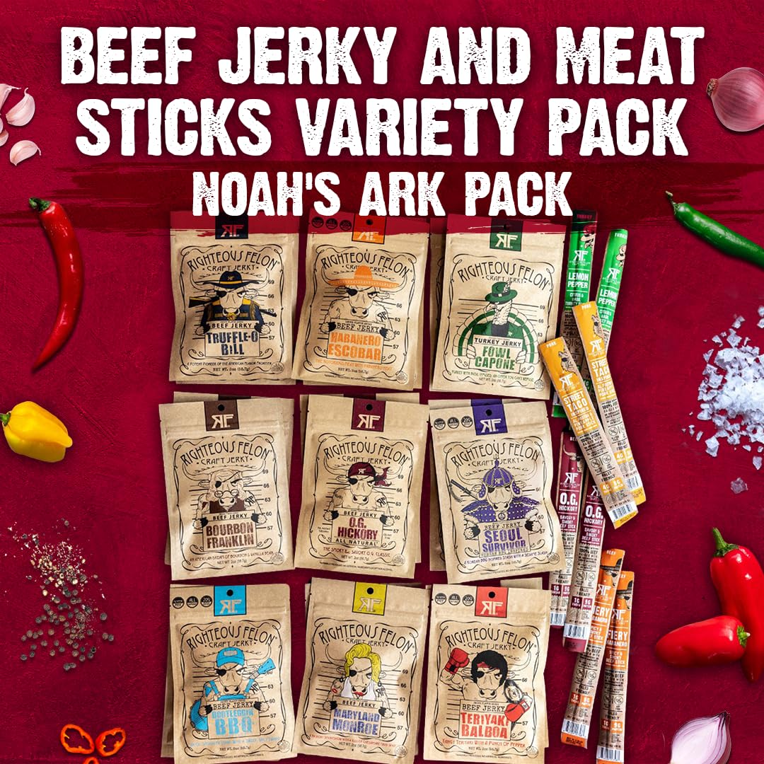 Righteous Felon Beef Jerky & Meat Sticks Variety Pack - Father's Day Jerky Sampler for Dad - Gluten Free Beef Jerky Snack Packs - High Protein, Keto, Low Sugar - Gifts for Men - 11 Pack Sampler