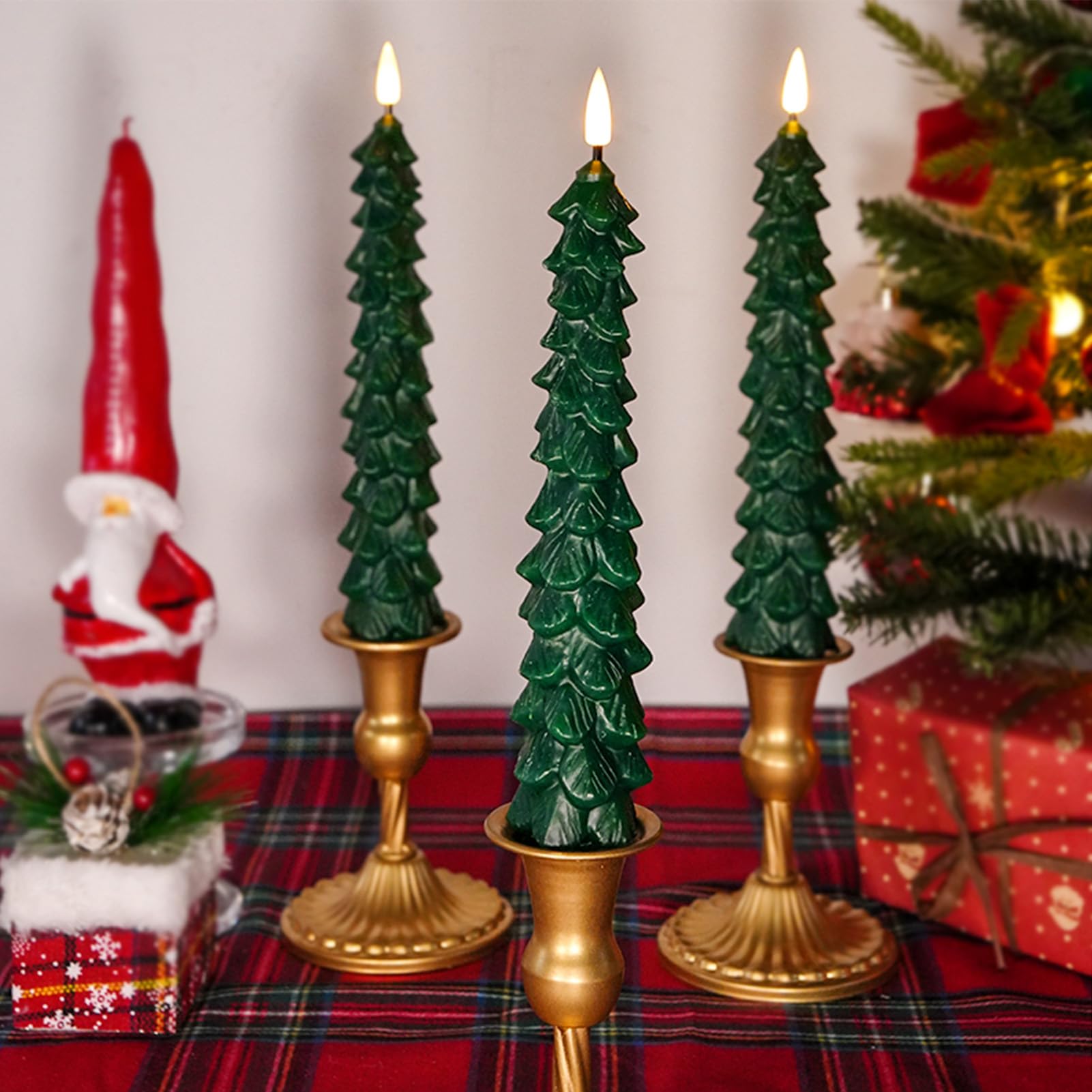 FPOO Christmas Decorations Indoor, 3 PCS Waxy Christmas Tree Candles with Remote Timer, Battery LED Candlesticks for Window, Table Centerpiece, Xmas Decor, Gift (7.5 inches)