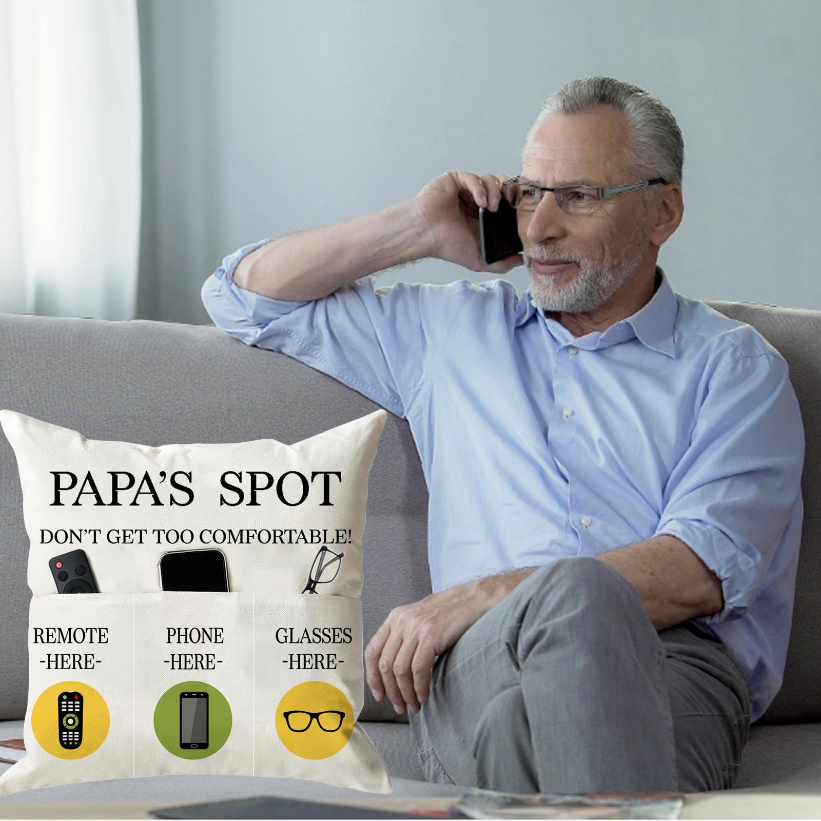 ONFAON Grandpa Gifts,Grandpa's Spot Throw Pillow Covers 18x18 Inch,Put Phone Glasses and Remote Control Pillowcase,Birthday Christmas Thanksgiving Day Gifts for Grandpa Stepdad,3-Pocket