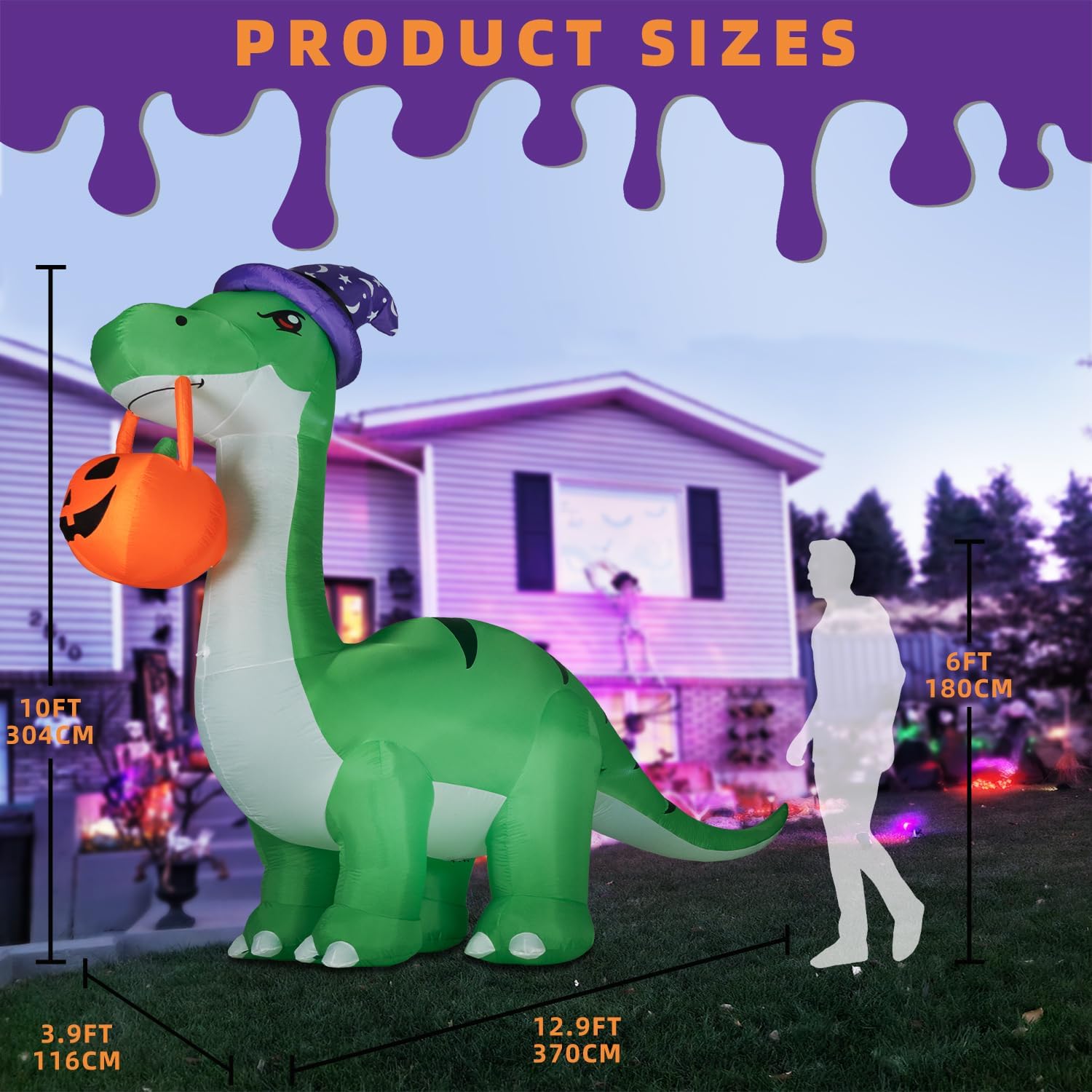 Kendane 10FT Halloween Inflatable Huge Dinosaur Decorations Outdoor, Blow Up Yard Decorations Built-in LED Lights,Halloween Party Decorations with Witch Hat and Pumpkin,for Garden/Lawn.