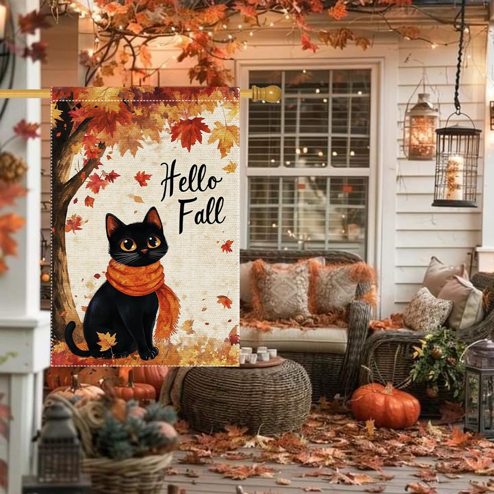 Hello Fall Garden Flag Cat Garden Flags 12x18 Inch Double Sided Vertical Autumn Farmhouse Home Decor Yard Lawn Outdoor Decorations