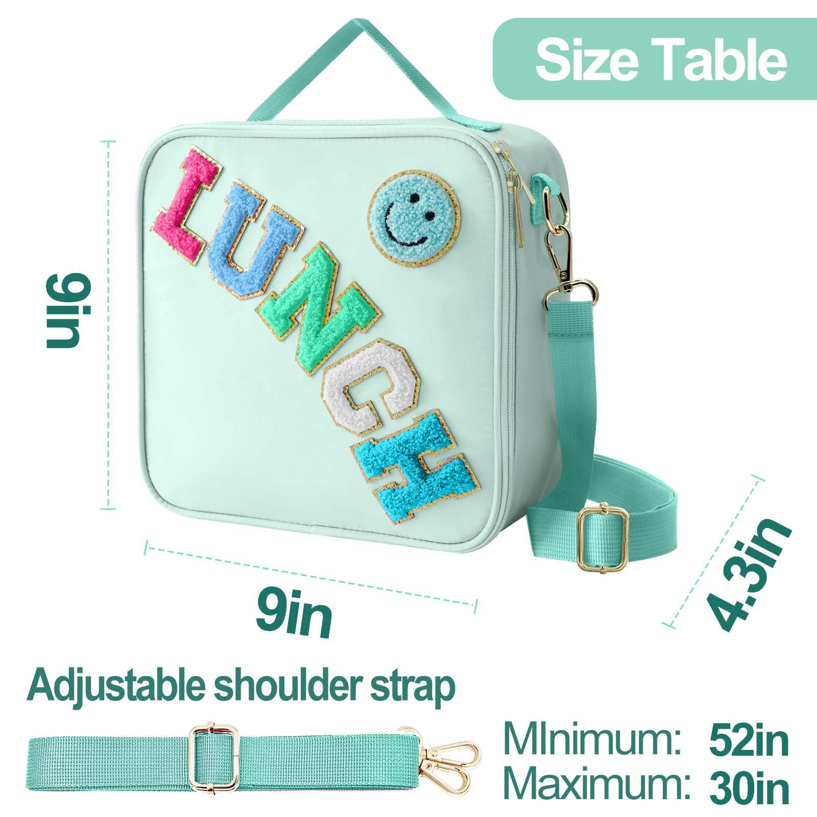 Insulated Lunch Bag With Adjustable Shoulder Strap, Nylon Preppy Lunch Box Large Insulated Lunch Bag Reusable Lunch Tote Bag with Smiley Preppy LunchBag for Girls School Travel Picnic (Purple)