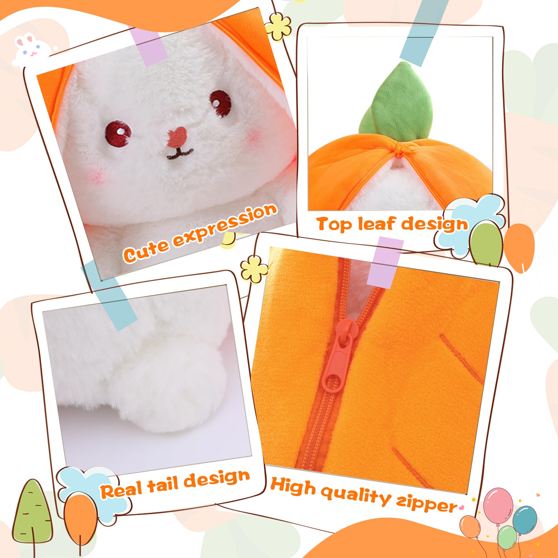 MIAODAM Bunny Stuffed Animal Reversible Cuddle Bunny Stuffed,Strawberry Bunny Transformed Rabbit Plush Zipper,Turns Into Ears Bunnies Plushies Toy Cute Stuffy Doll Easter