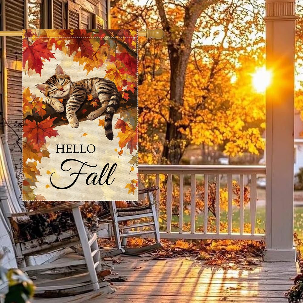 Hello Fall Garden Flag Cat Garden Flags 12x18 Inch Double Sided Vertical Autumn Farmhouse Home Decor Yard Lawn Outdoor Decorations