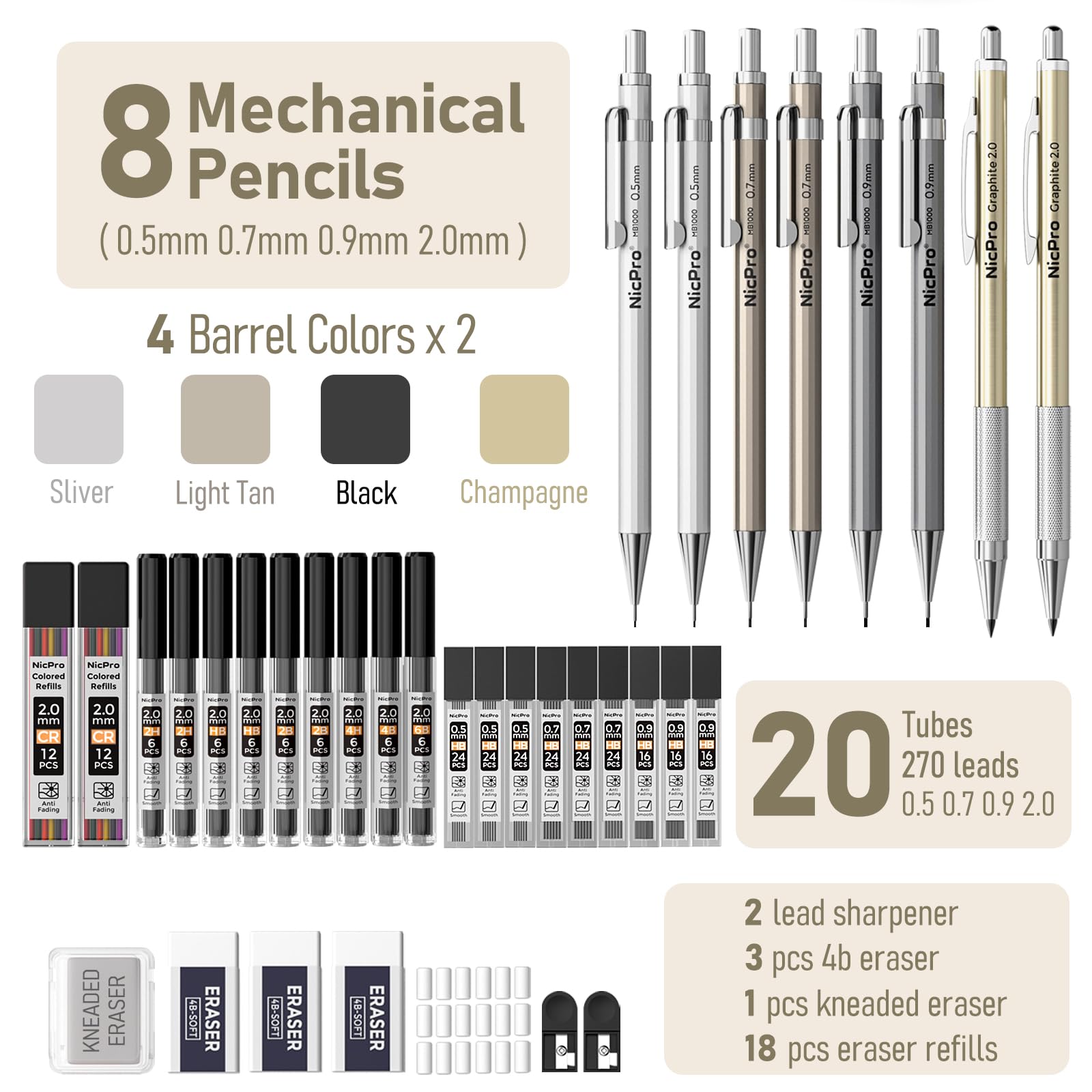 Nicpro 4 Pack Mechanical Pencil 0.7mm with Case, MB1000 Metal Mechanical Pencil Set with 6 Tube HB #2 Lead Refill 0.7 mm, 3PCS 4B Eraser, 9 Cap Eraser for Artist Drafting Writing, Sketching, Drawing