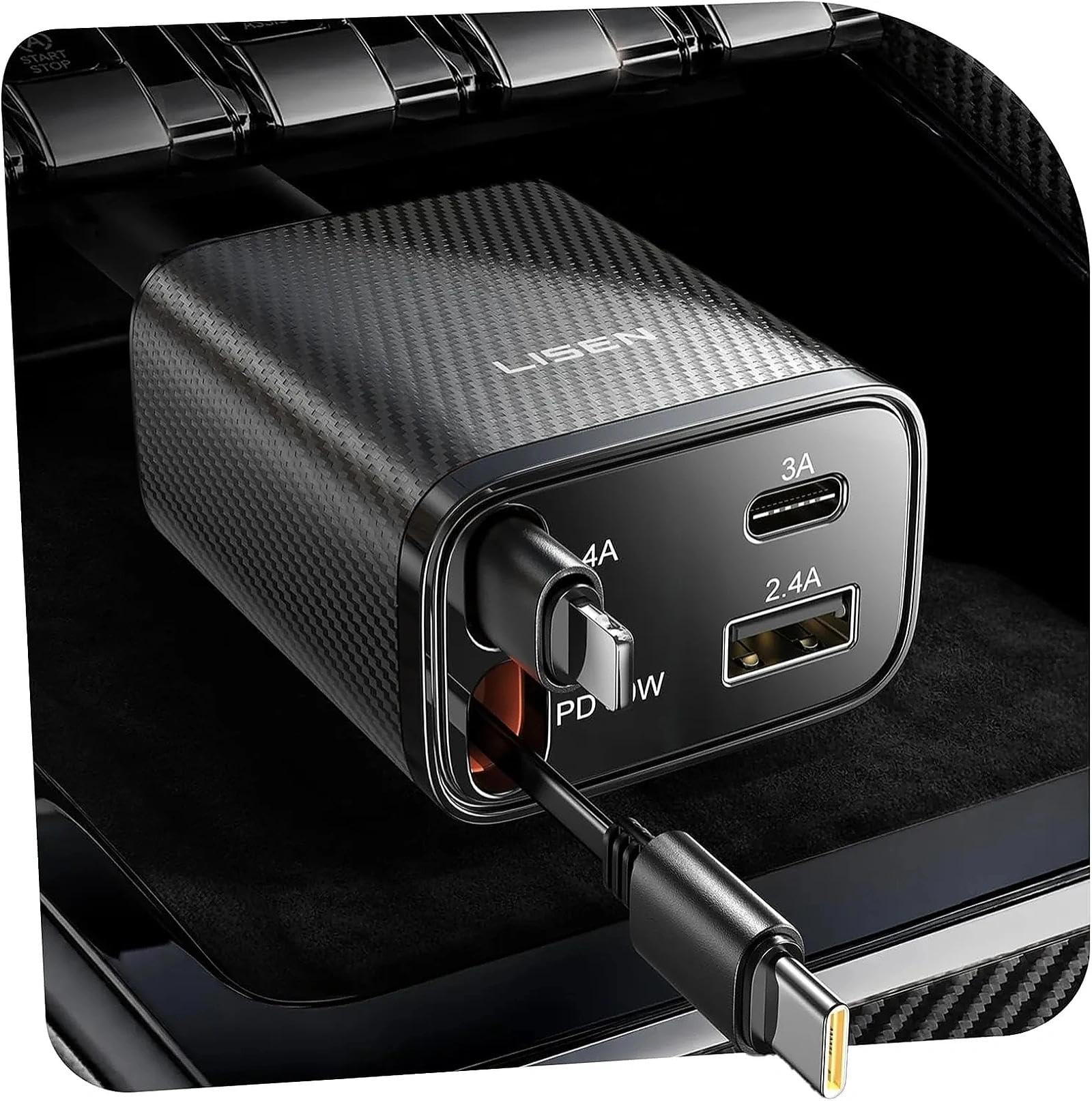 LISEN Retractable Car Charger, 84W Car Charger USB C Fast Charger Adapter for iPhone, Car Accessories for Men Women, Gifts for Fathers Day for Men Dad Husband, for iPhone 17 16 15 14 13 12 11 Samsung