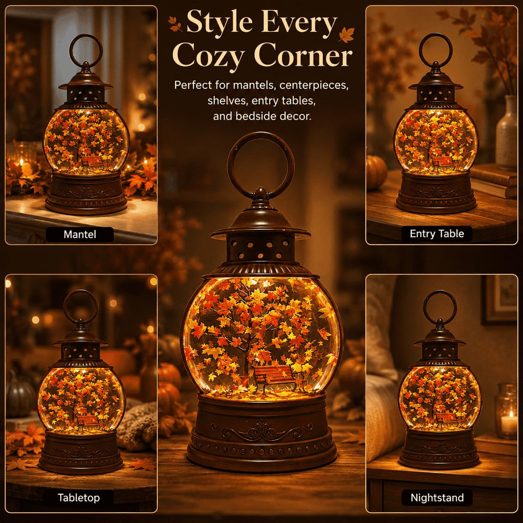 Fall Snow Globe Lantern with Swirling Maple Leaves, 9.45 Inch Autumn Water Lantern with 6 Hours Timer, USB & Battery Powered Thanksgiving Tabletop Home Decor
