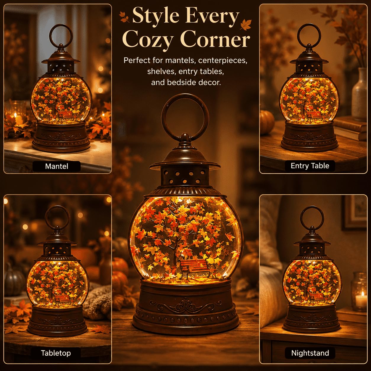 Fall Snow Globe Lantern with Swirling Maple Leaves, 9.45 Inch Autumn Water Lantern with 6 Hours Timer, USB & Battery Powered Thanksgiving Tabletop Home Decor