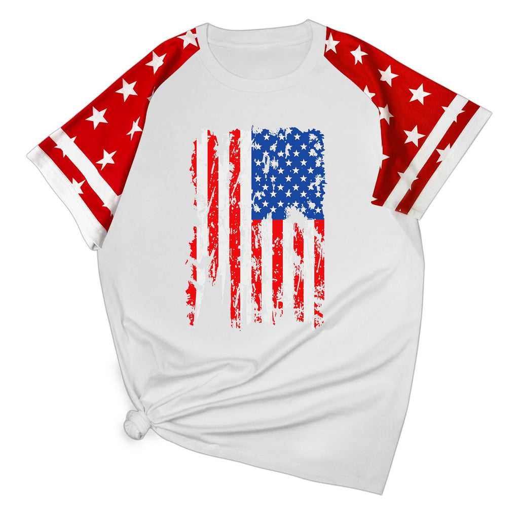 XLIEVO 4th of July Shirts Women:USA Color-Blocking Short-Sleeve American Flag Crew Neck Graphic Tee Patriotism T-Shirt
