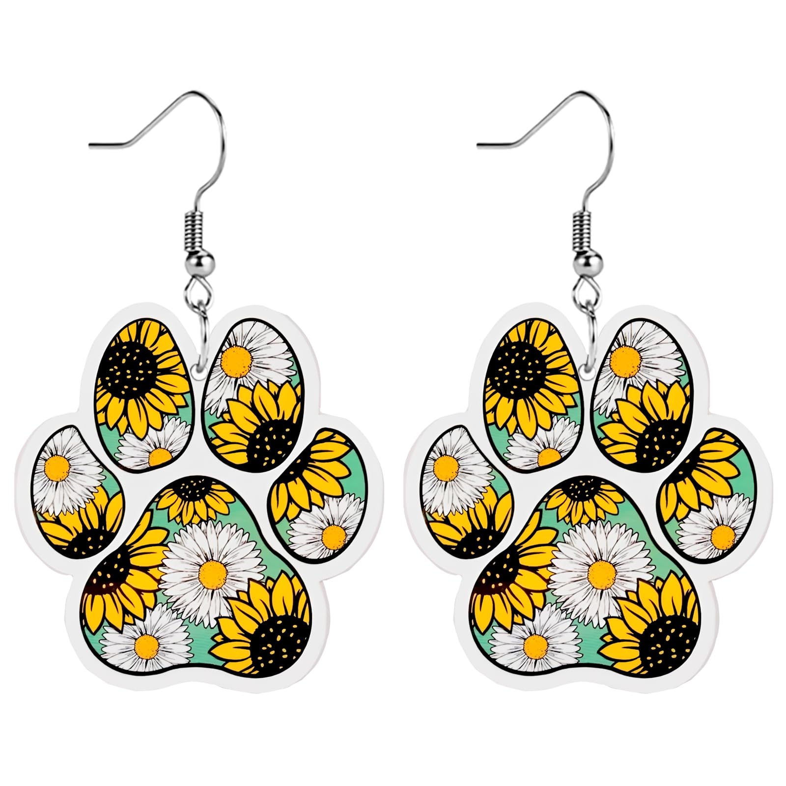 Funny Dog Sunflower Paw Print Earrings for Women - Unique & Quirky Funky Acrylic Dangle Earrings, Cute & Silly Novelty Design, Wacky & Crazy Earrings for Fun Lovers