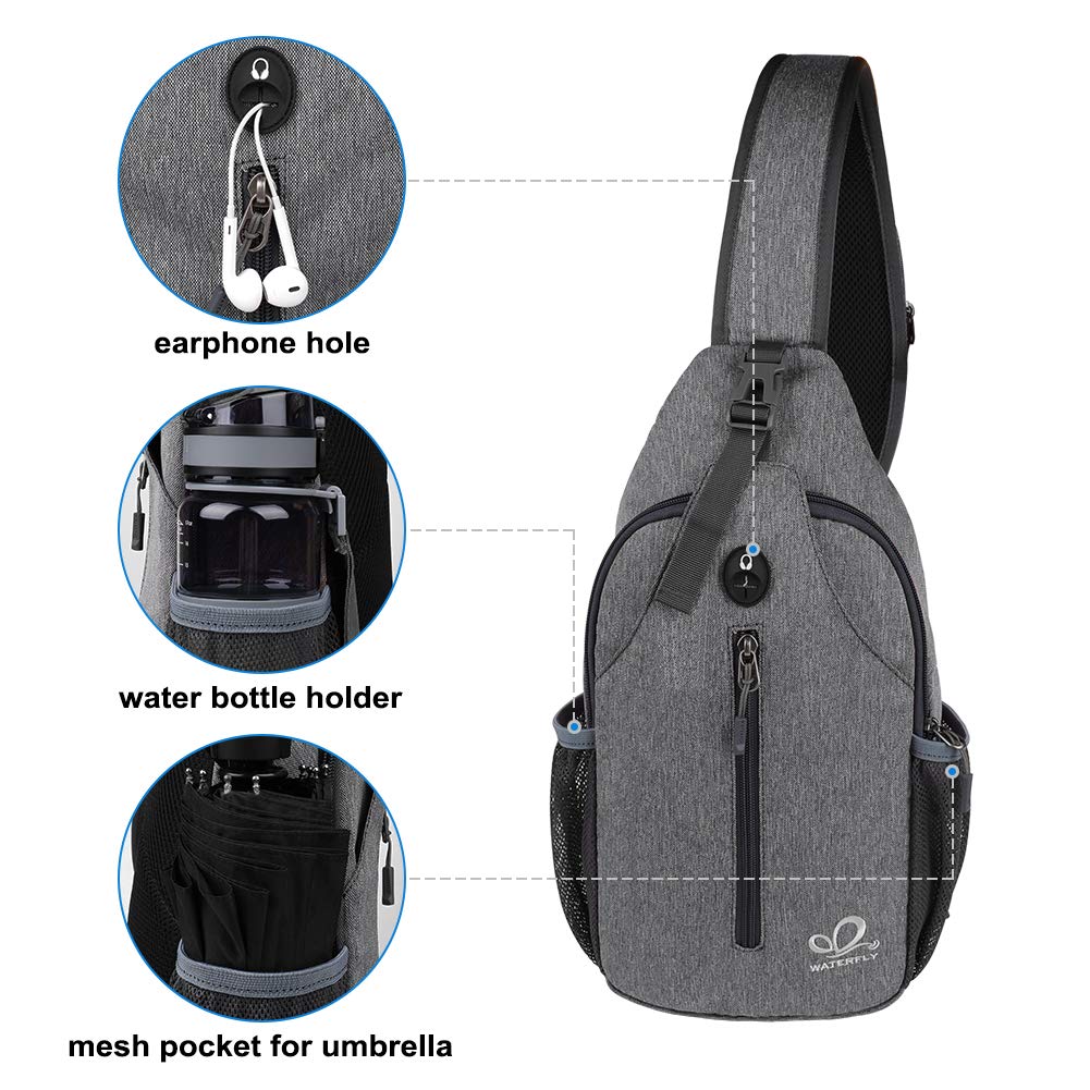 WATERFLY Crossbody Sling Backpack Sling Bag Travel Hiking Chest Bag Daypack (Black)