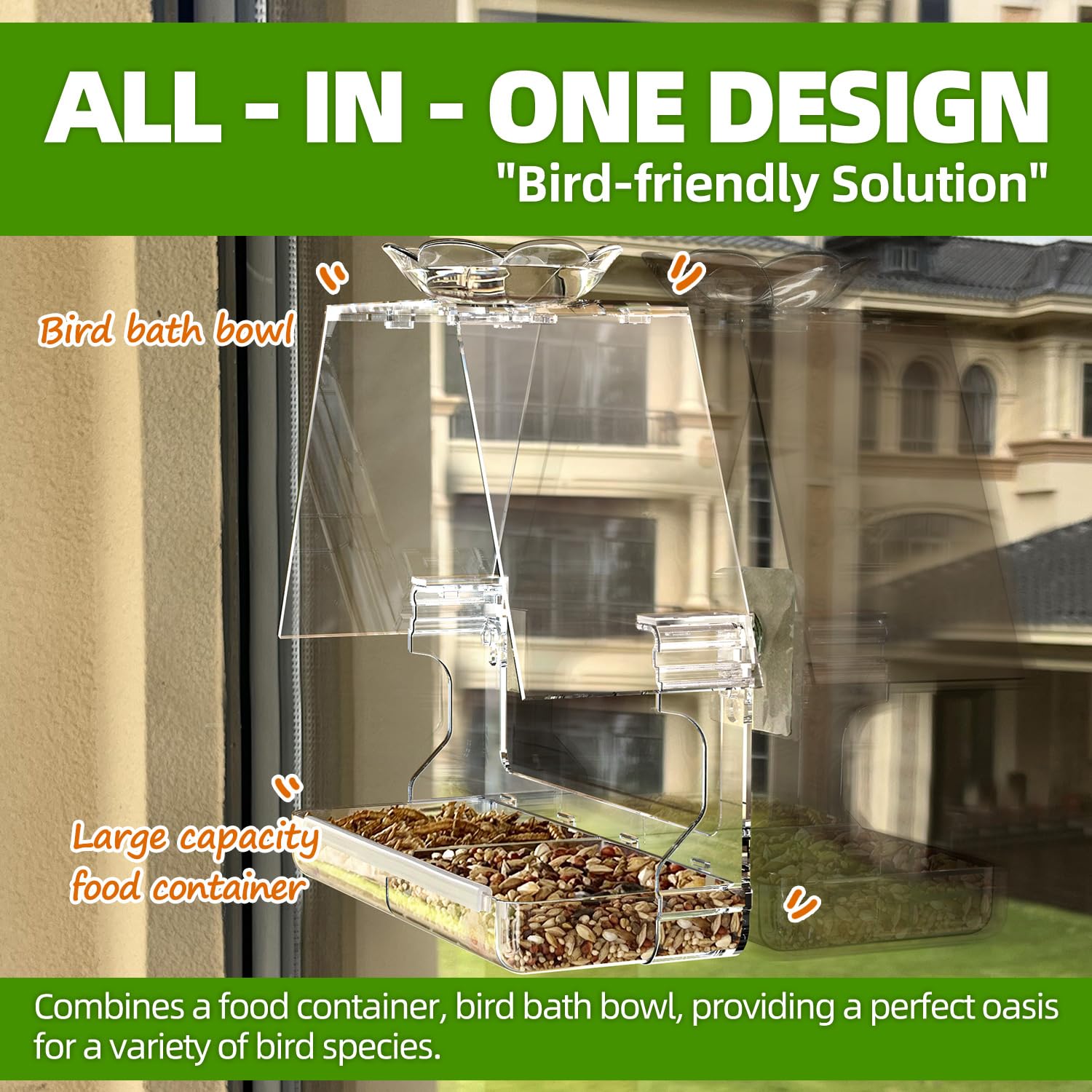 WENMIXER Window Bird Feeder with Non-Marking Self-Adhesive Hooks, Clear and Transparent, Outdoor Wild Bird Watching Gift, Garden Decor (Standard)