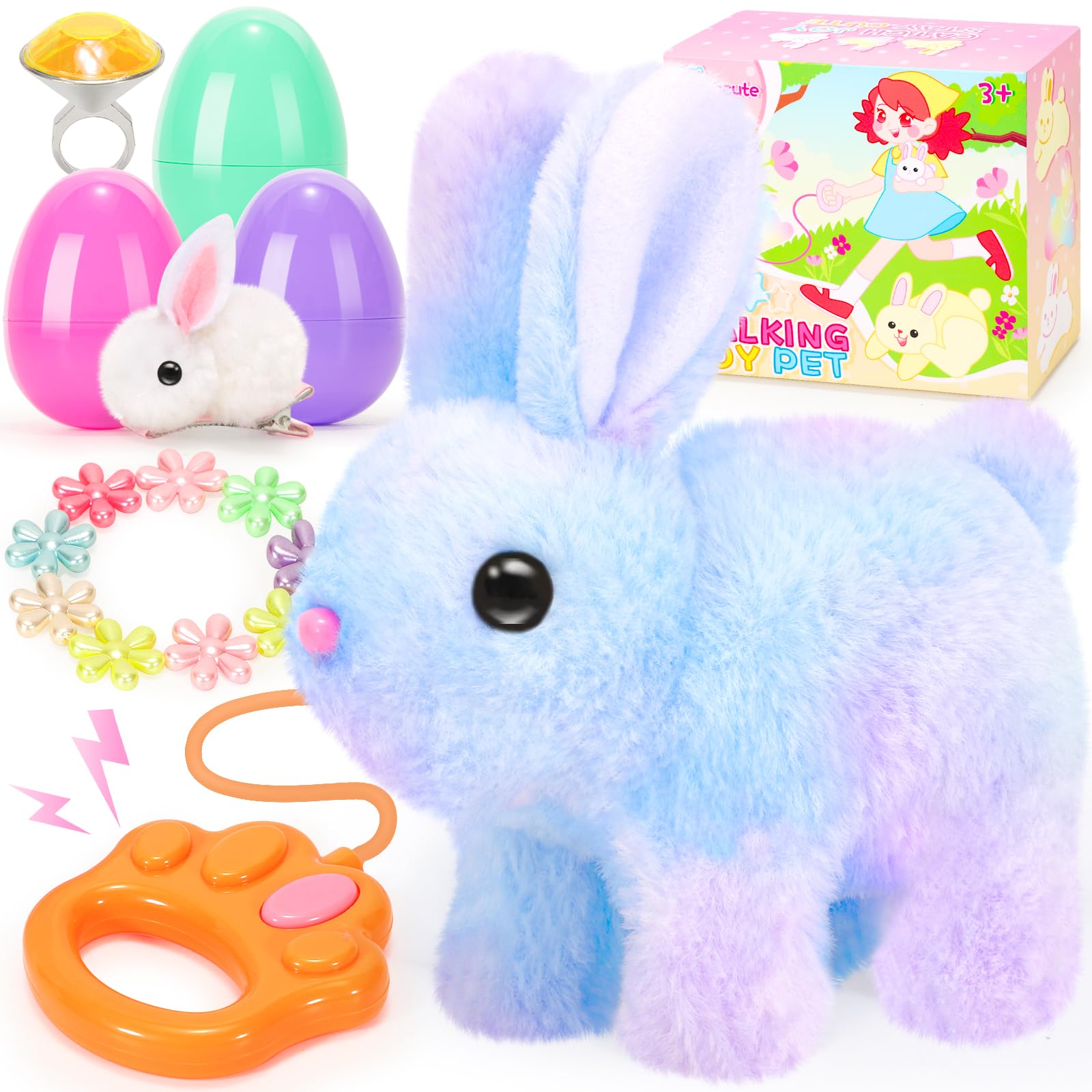CatchCute Easter Plush Bunny Toys for Kids,Interactive Bunny with Sounds,Can Walk,Wag Tail and Twitch Nose with Remote Control Leash,Easter Eggs with Pull Back Cars,Easter Birthday Gift for Toddlers