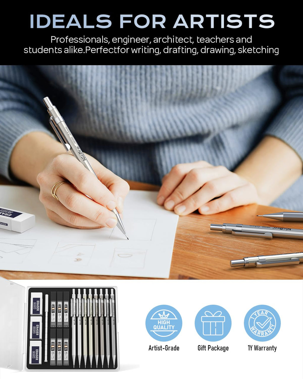 Nicpro 4 Pack Mechanical Pencil 0.7mm with Case, MB1000 Metal Mechanical Pencil Set with 6 Tube HB #2 Lead Refill 0.7 mm, 3PCS 4B Eraser, 9 Cap Eraser for Artist Drafting Writing, Sketching, Drawing