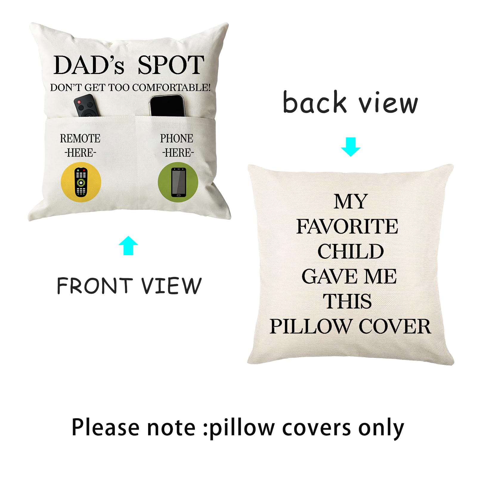 ONFAON Grandpa Gifts,Grandpa's Spot Throw Pillow Covers 18x18 Inch,Put Phone Glasses and Remote Control Pillowcase,Birthday Christmas Thanksgiving Day Gifts for Grandpa Stepdad,3-Pocket