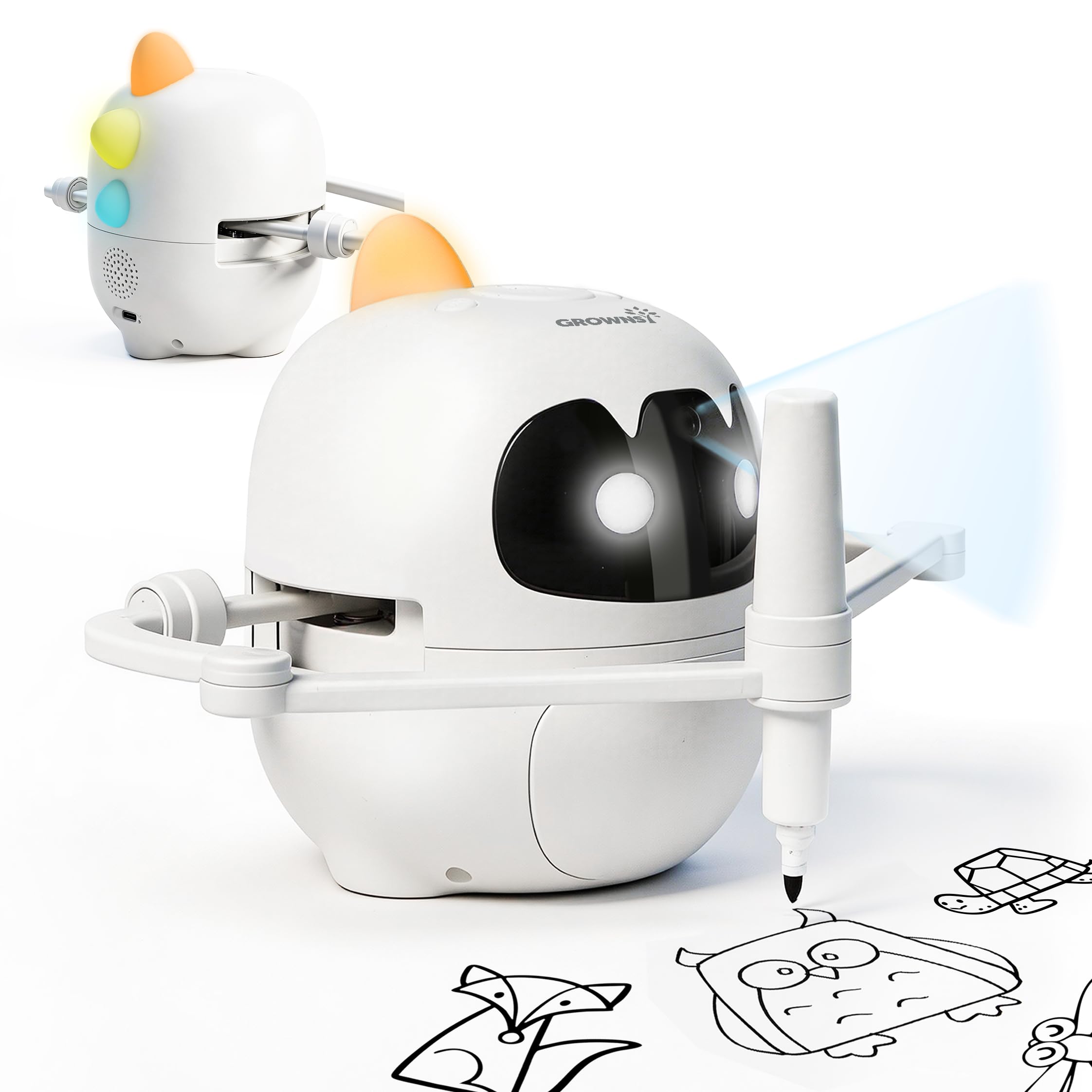 Grownsy Smart Drawing Robot for Kids, Light & Voice Guidance Education Toy with Scan, Doodle Bot with 150 Word Cards & 12 Color Pens, Montessori Painting Learning Toys for Kids Ages 3–8, Birthday Gift