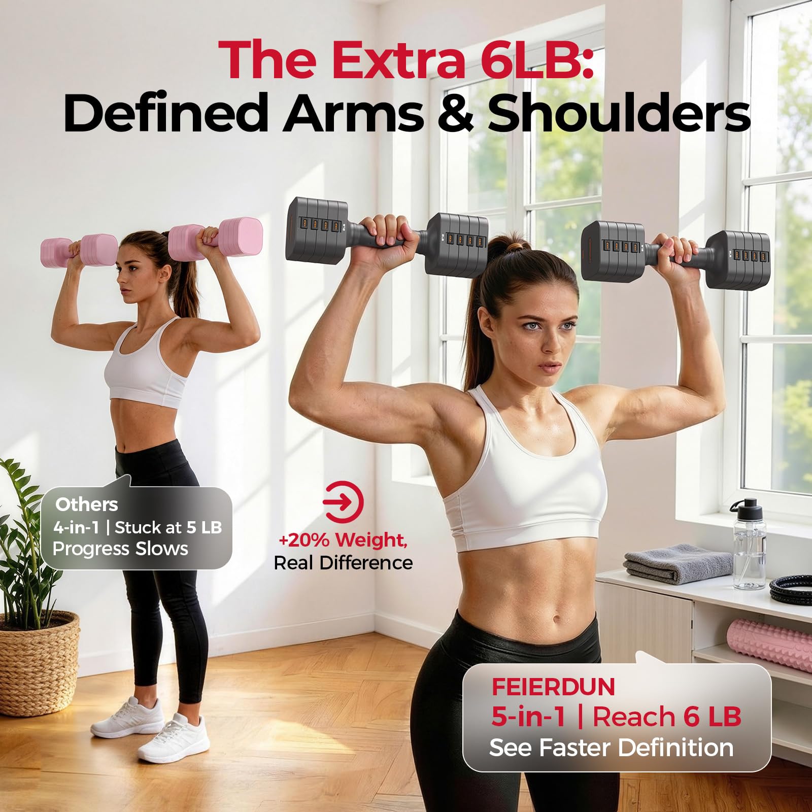 FEIERDUN DB3 5-in-1 Adjustable Dumbbell Set, 6LB/10LB Pair Adjustable Weights for Women at Home, Dual Locking Stable Hand Weights with TPU Soft Handle, Home Gym, Rehab, Pilates, Yoga, Strength Training