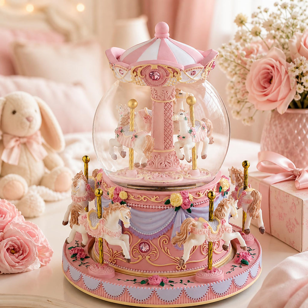 Blue Carousel Snow Globe Music Box with LED Lights, Rotating Horse Merry Go Round, Wind Up Musical Snow Globe Plays You are My Sunshine, Gift for Daughter Granddaughter Mom Women