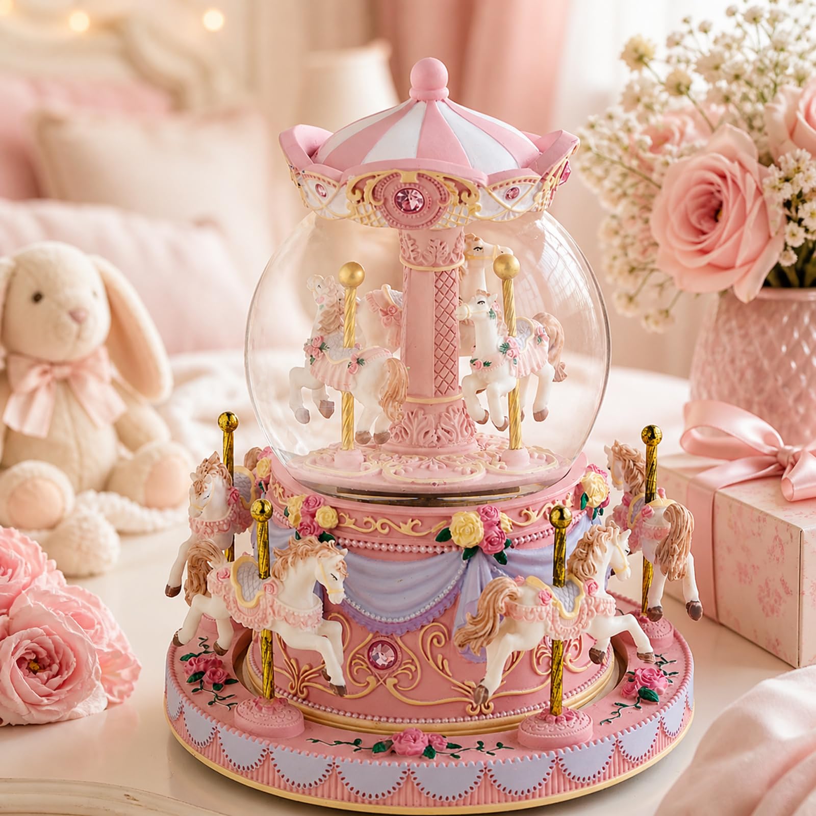 Blue Carousel Snow Globe Music Box with LED Lights, Rotating Horse Merry Go Round, Wind Up Musical Snow Globe Plays You are My Sunshine, Gift for Daughter Granddaughter Mom Women