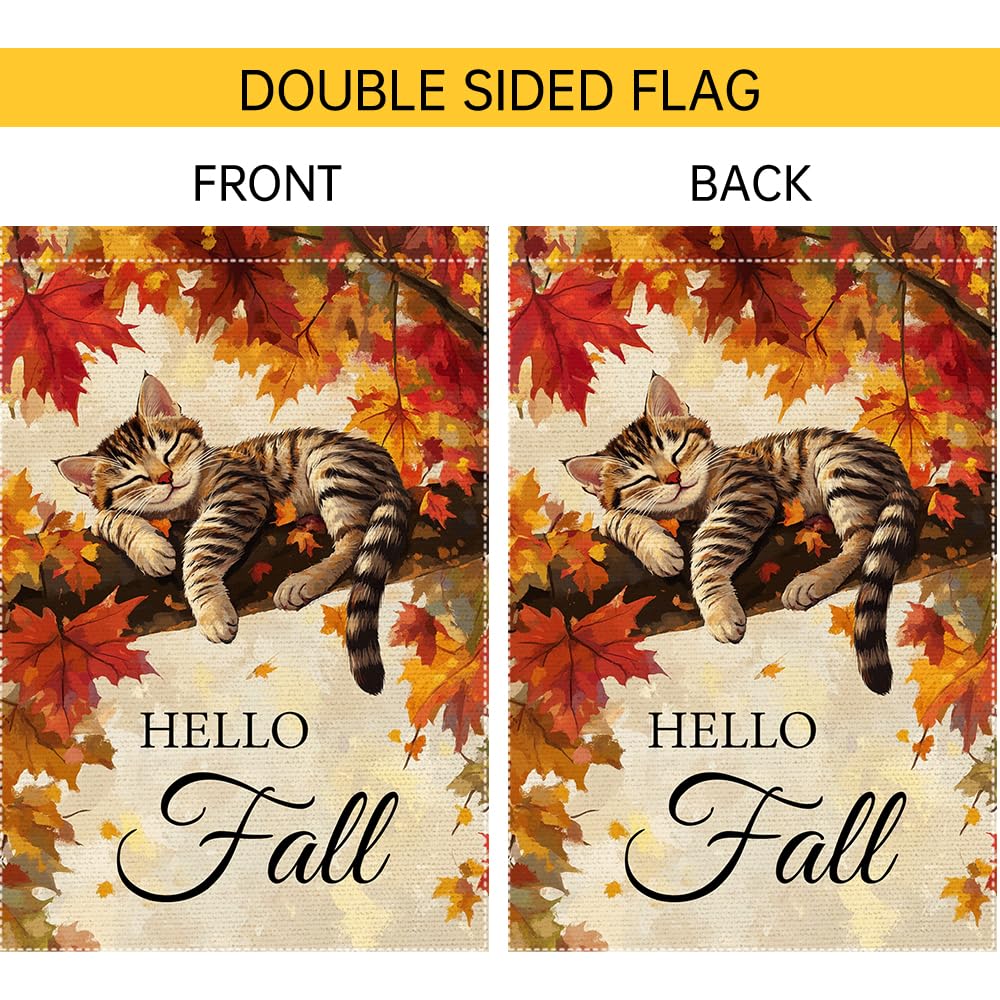 Hello Fall Garden Flag Cat Garden Flags 12x18 Inch Double Sided Vertical Autumn Farmhouse Home Decor Yard Lawn Outdoor Decorations
