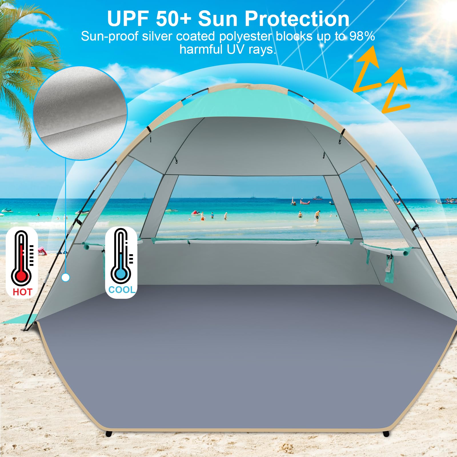 Gorich Beach Tent Sun Shelter for 3/4/6/8/10 Person with UPF 50＋ UV Protection, Lightweight & Easy Setup Beach Shade Canopy, Portable Beach Shade Tent Beach Cabana