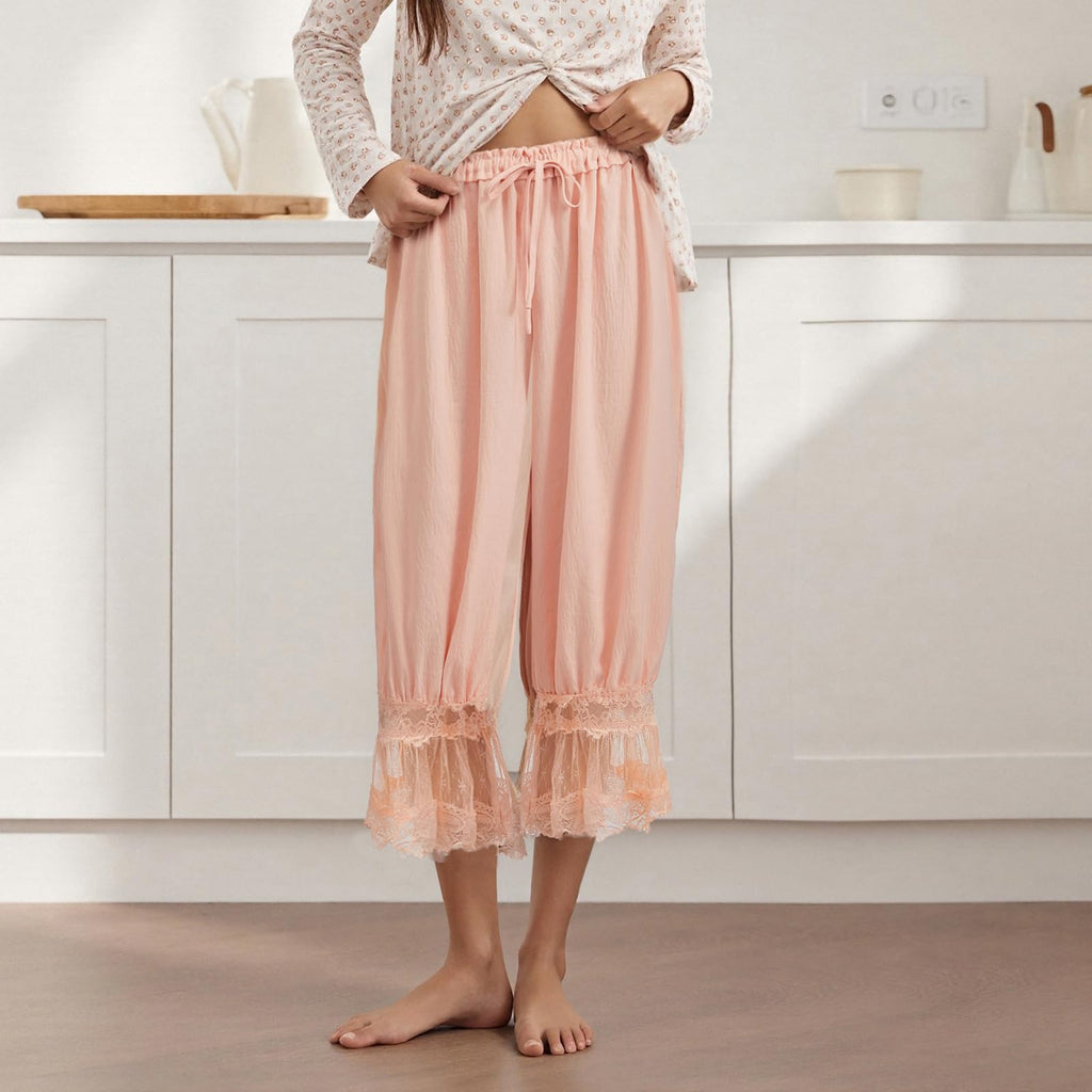 Women Lace Trim Long Bloomers Y2k Elastic Mid Rise Floral Ruffle Pantaloons Flared Slips Pants Pajama Bottoms