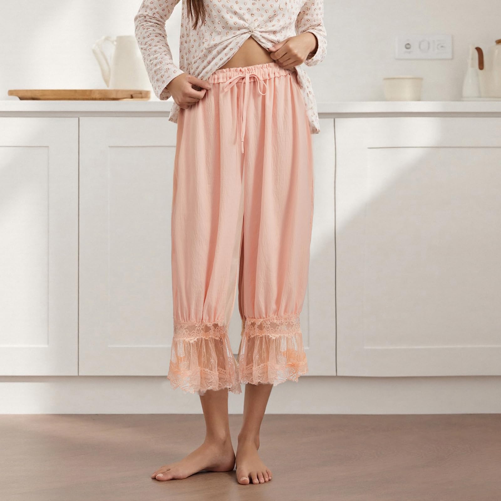 Women Lace Trim Long Bloomers Y2k Elastic Mid Rise Floral Ruffle Pantaloons Flared Slips Pants Pajama Bottoms