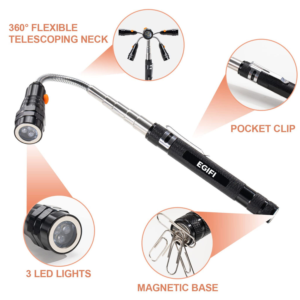 Telescoping Magnetic Pickup Tool Set with 1 & 15 lb Pick Up Sticks, Round and Square Adjustable Inspection Mirror and Flexible LED Flashlight, Fathers Day Dad Gifts for Men, Dad, Husband