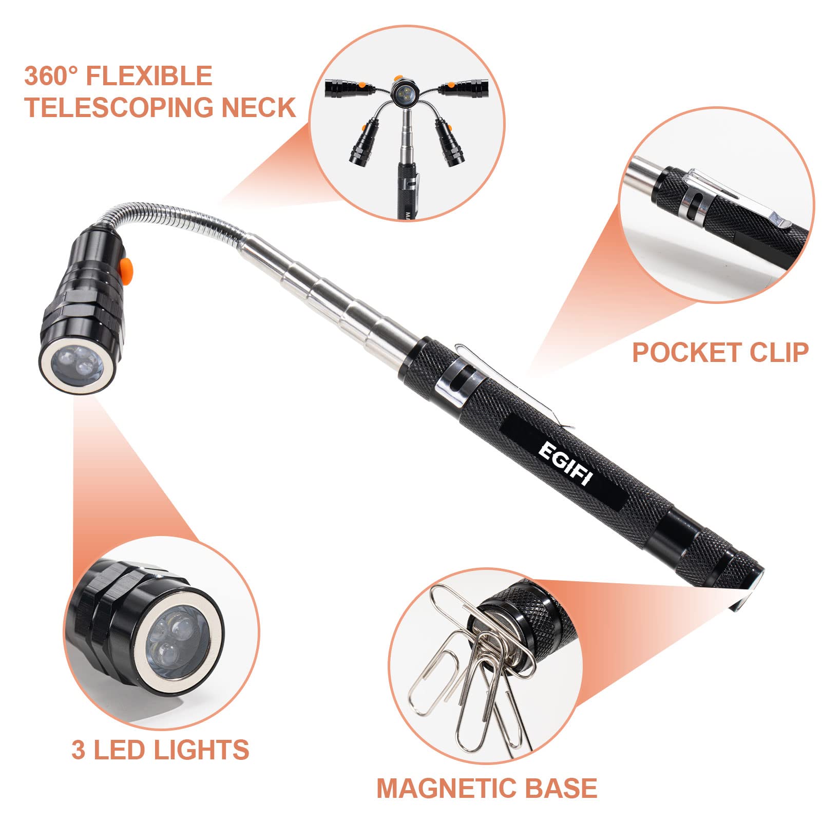 Telescoping Magnetic Pickup Tool Set with 1 & 15 lb Pick Up Sticks, Round and Square Adjustable Inspection Mirror and Flexible LED Flashlight, Fathers Day Dad Gifts for Men, Dad, Husband