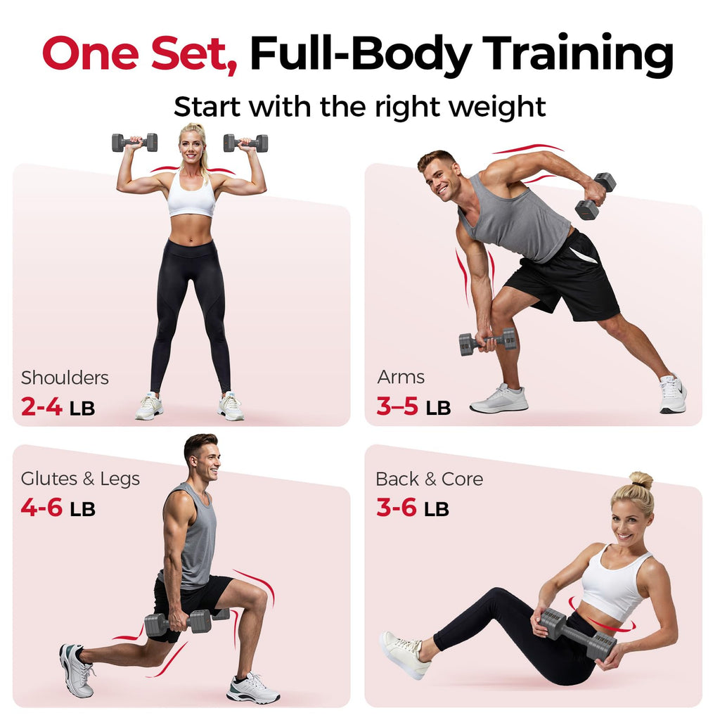 FEIERDUN DB3 5-in-1 Adjustable Dumbbell Set, 6LB/10LB Pair Adjustable Weights for Women at Home, Dual Locking Stable Hand Weights with TPU Soft Handle, Home Gym, Rehab, Pilates, Yoga, Strength Training