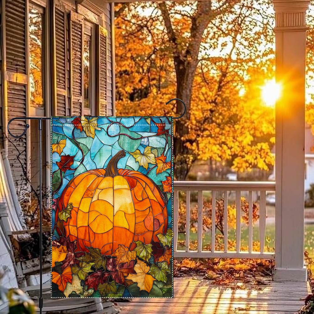 Fall Garden Flag For Outdoor Decor Thanksgiving Garden Flags Autumn Stained Glass Pumpkin Maple Leaf Double Sided Small Burlap Outside Porch Lawn Yard Flags Decorations 12.5x18 Inch