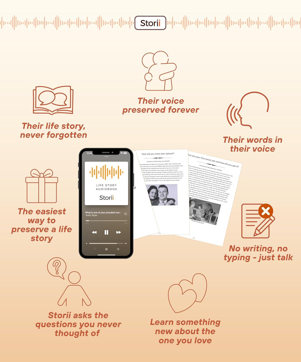 Storii - Record Your Life Story: Guided Voice Journal & Audio Memoir - A Unique Way to Share Your Story - 12 Months of Call Prompts & Automatic Transcription - Gift for Mom, Dad, Grandma & Grandpa