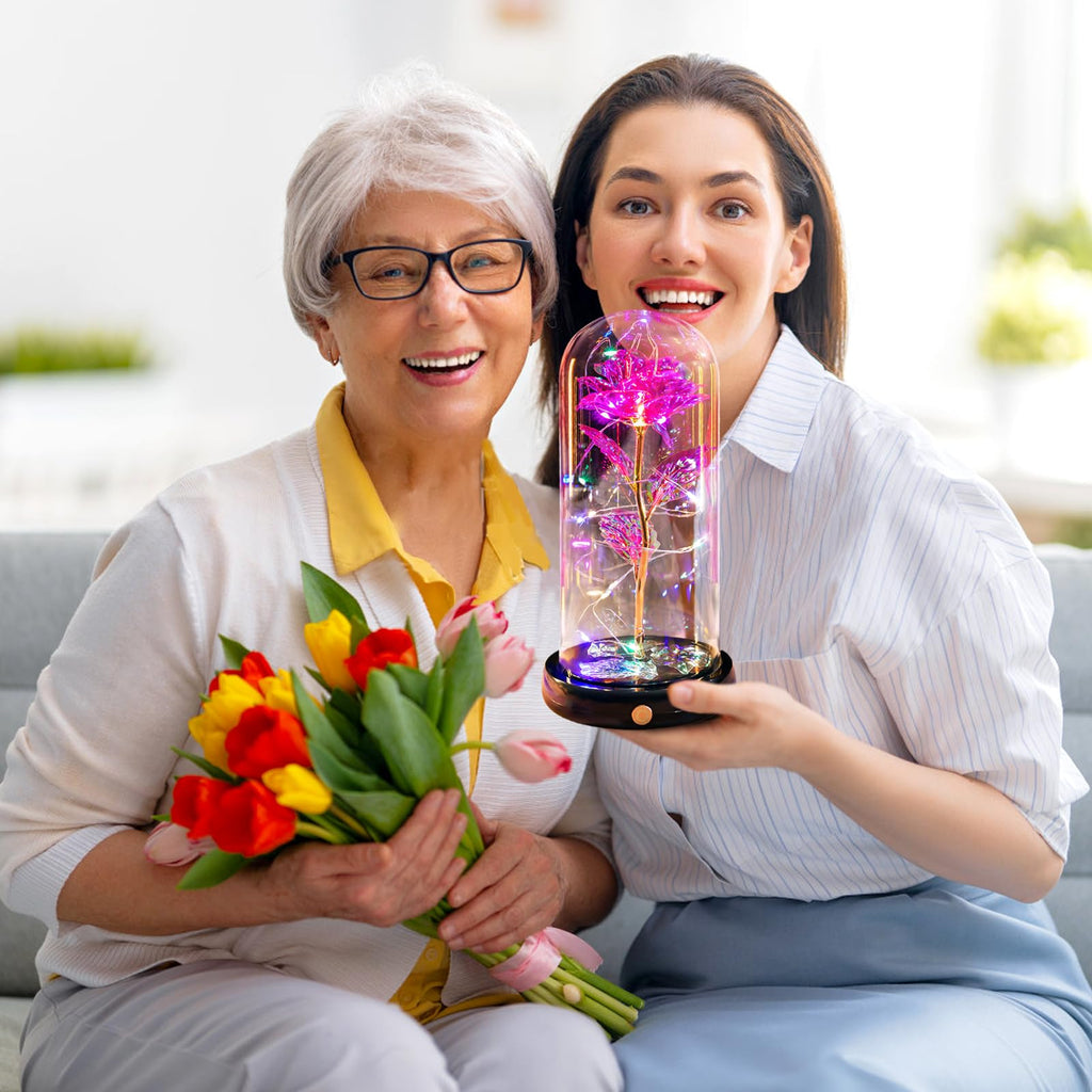 Pusuny Mothers Day Flowers Gifts for Mom Women Birthday Gift Galaxy Glass Rose Forever Eternal Crystal Flowers Rose in Glass Dome with Butterfly Mother's Day Roses Gifts for Mom Daughter Wife Purple