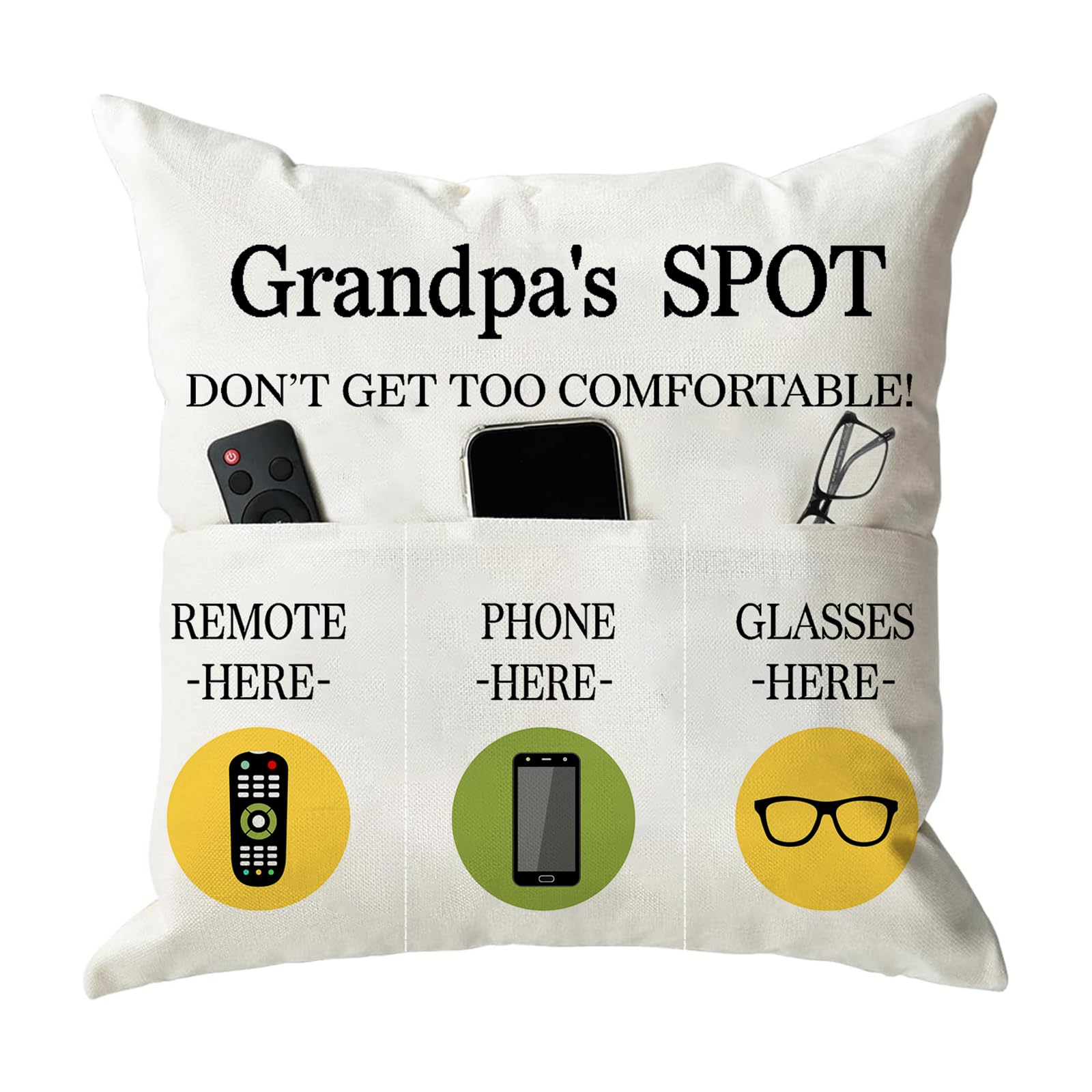 ONFAON Grandpa Gifts,Grandpa's Spot Throw Pillow Covers 18x18 Inch,Put Phone Glasses and Remote Control Pillowcase,Birthday Christmas Thanksgiving Day Gifts for Grandpa Stepdad,3-Pocket