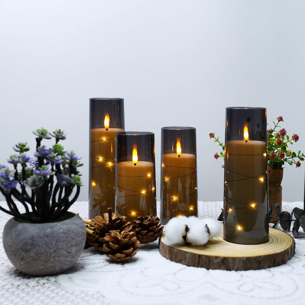 kakoya Flameless LED Candles with Timer 5 Pc Flickering Flameless Candles for Romantic Ambiance and Home Decoration Stable Acrylic Shell,with Embedded Star String，Battery Operated Candles（Red）