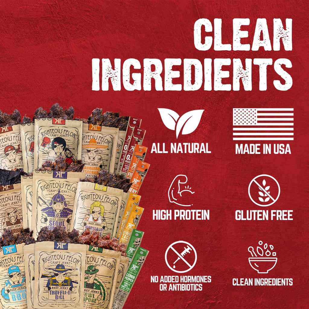 Righteous Felon Beef Jerky & Meat Sticks Variety Pack - Father's Day Jerky Sampler for Dad - Gluten Free Beef Jerky Snack Packs - High Protein, Keto, Low Sugar - Gifts for Men - 11 Pack Sampler