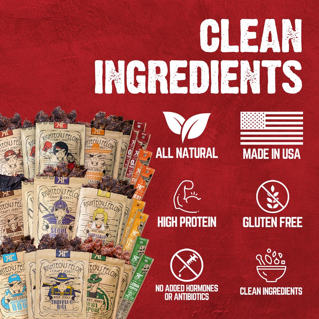 Righteous Felon Beef Jerky & Meat Sticks Variety Pack - Father's Day Jerky Sampler for Dad - Gluten Free Beef Jerky Snack Packs - High Protein, Keto, Low Sugar - Gifts for Men - 11 Pack Sampler