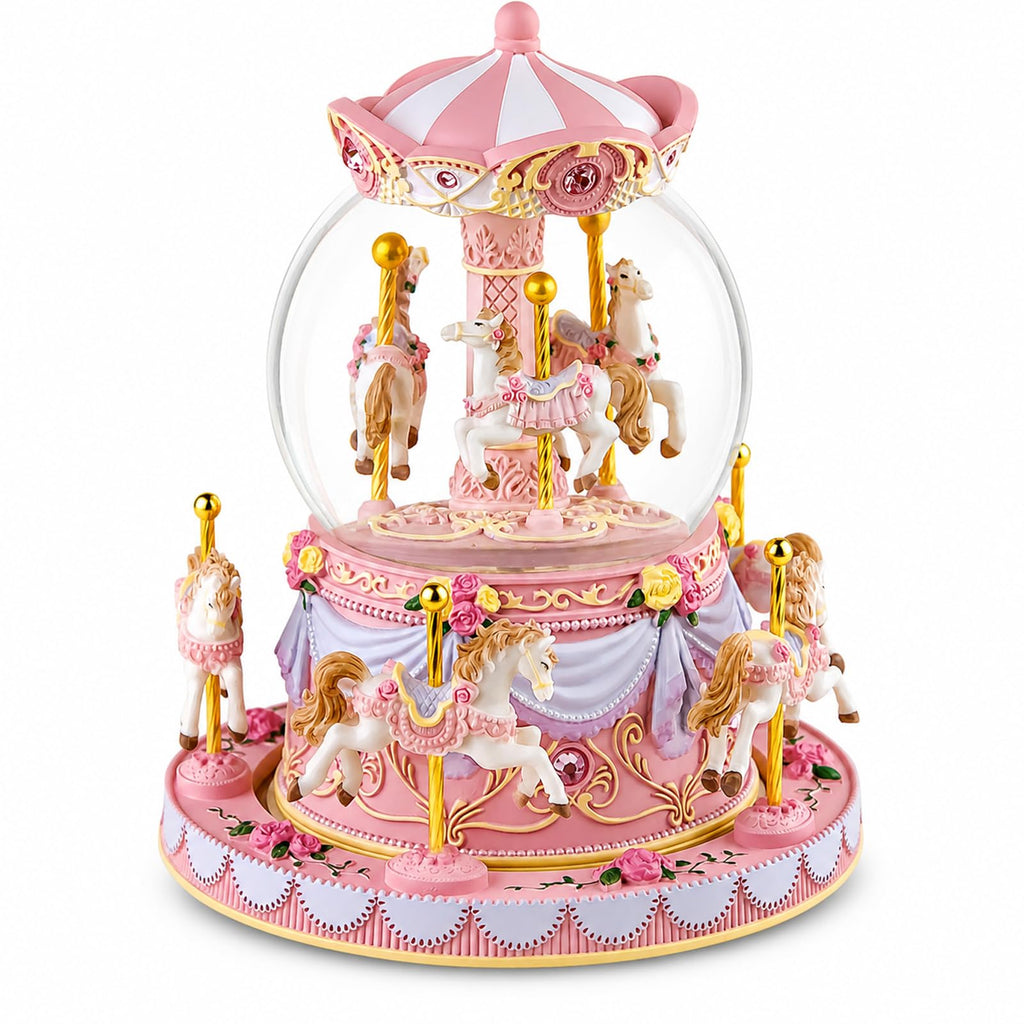 Blue Carousel Snow Globe Music Box with LED Lights, Rotating Horse Merry Go Round, Wind Up Musical Snow Globe Plays You are My Sunshine, Gift for Daughter Granddaughter Mom Women
