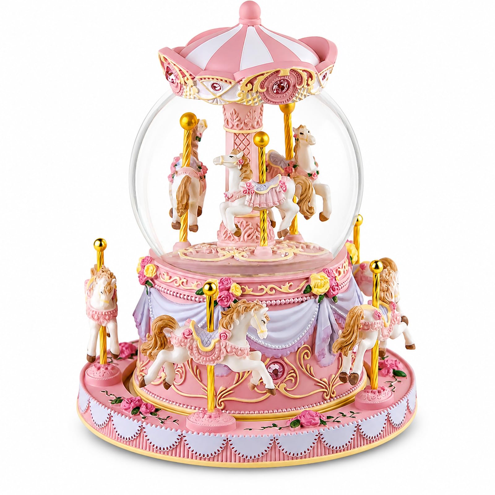 Blue Carousel Snow Globe Music Box with LED Lights, Rotating Horse Merry Go Round, Wind Up Musical Snow Globe Plays You are My Sunshine, Gift for Daughter Granddaughter Mom Women