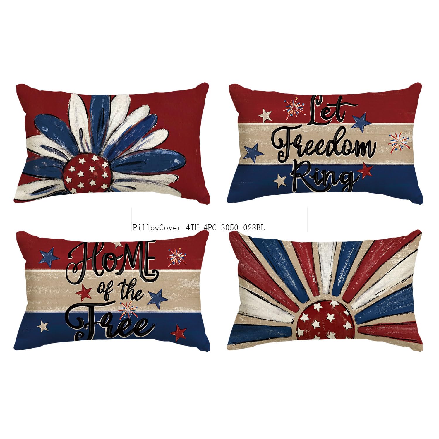 AVOIN colorlife Let Freedom Ring Stars Fireworks Flower Red Throw Pillow Covers, 12 x 20 Inch 4th of July Patriotic Independence Memorial Day USA Flag Cushion Case for Sofa Couch Set of 4