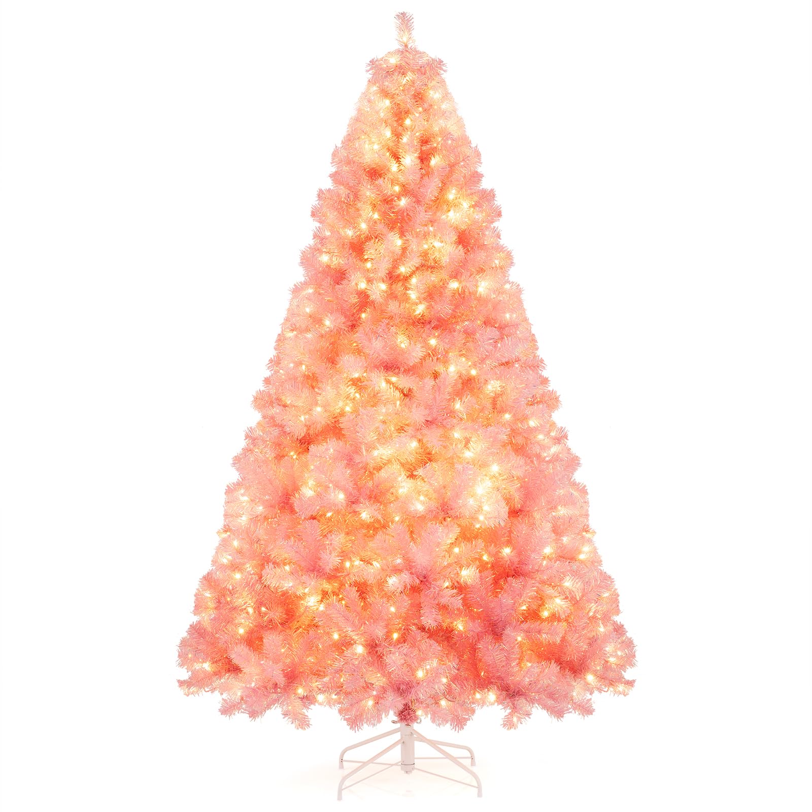 Goplus 7FT Pre-Lit Artificial Christmas Tree Auto-Spread/Close up Branches 11 Flash Modes with Multicolored 400 LED Lights & Metal Stand