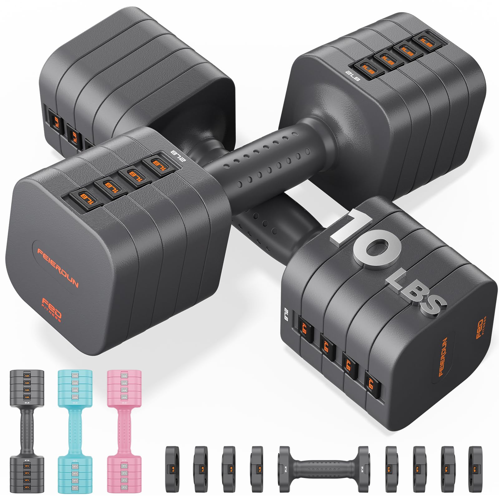 FEIERDUN DB3 5-in-1 Adjustable Dumbbell Set, 6LB/10LB Pair Adjustable Weights for Women at Home, Dual Locking Stable Hand Weights with TPU Soft Handle, Home Gym, Rehab, Pilates, Yoga, Strength Training