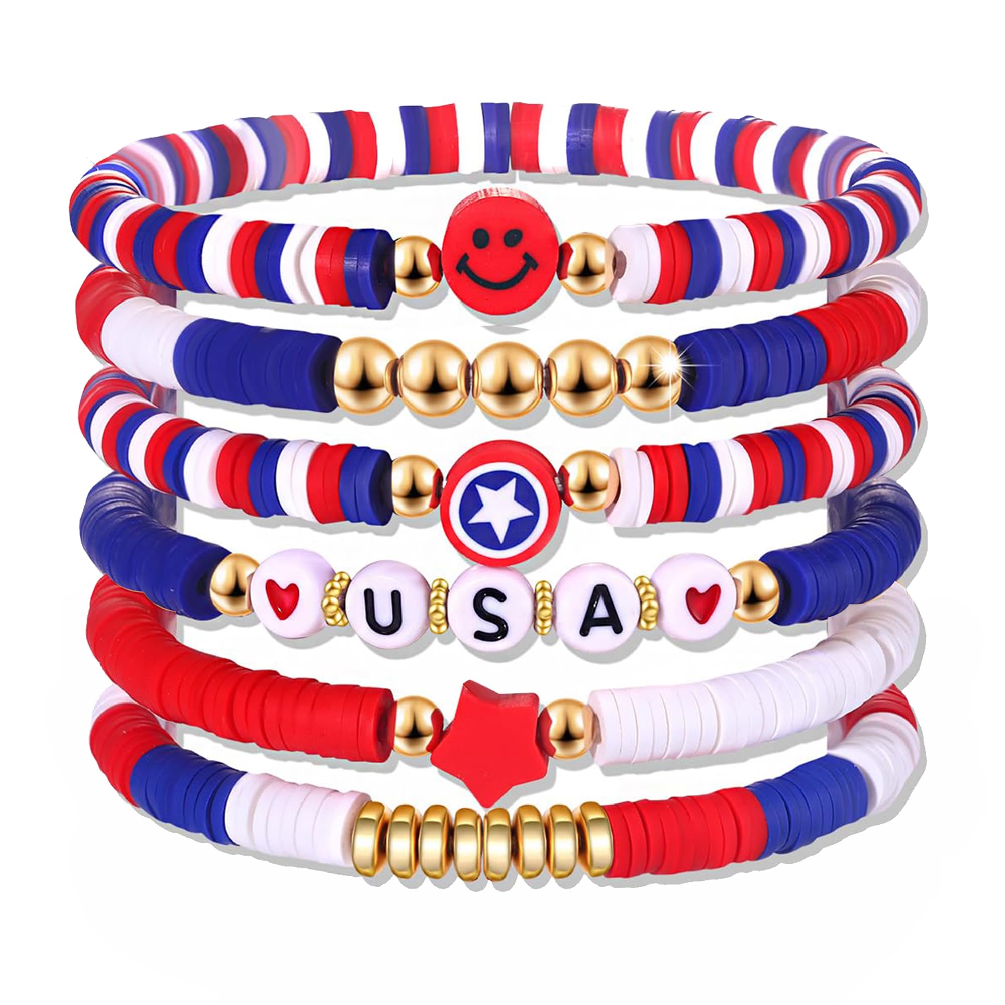 OHOME 4th of July Outfits for Women - 6 Pack Patriotic Bracelets | Fourth of July Decorations Accessories Shirts for Memorial Day Decorations - 250 Anniversary America Merchandise USA for Women