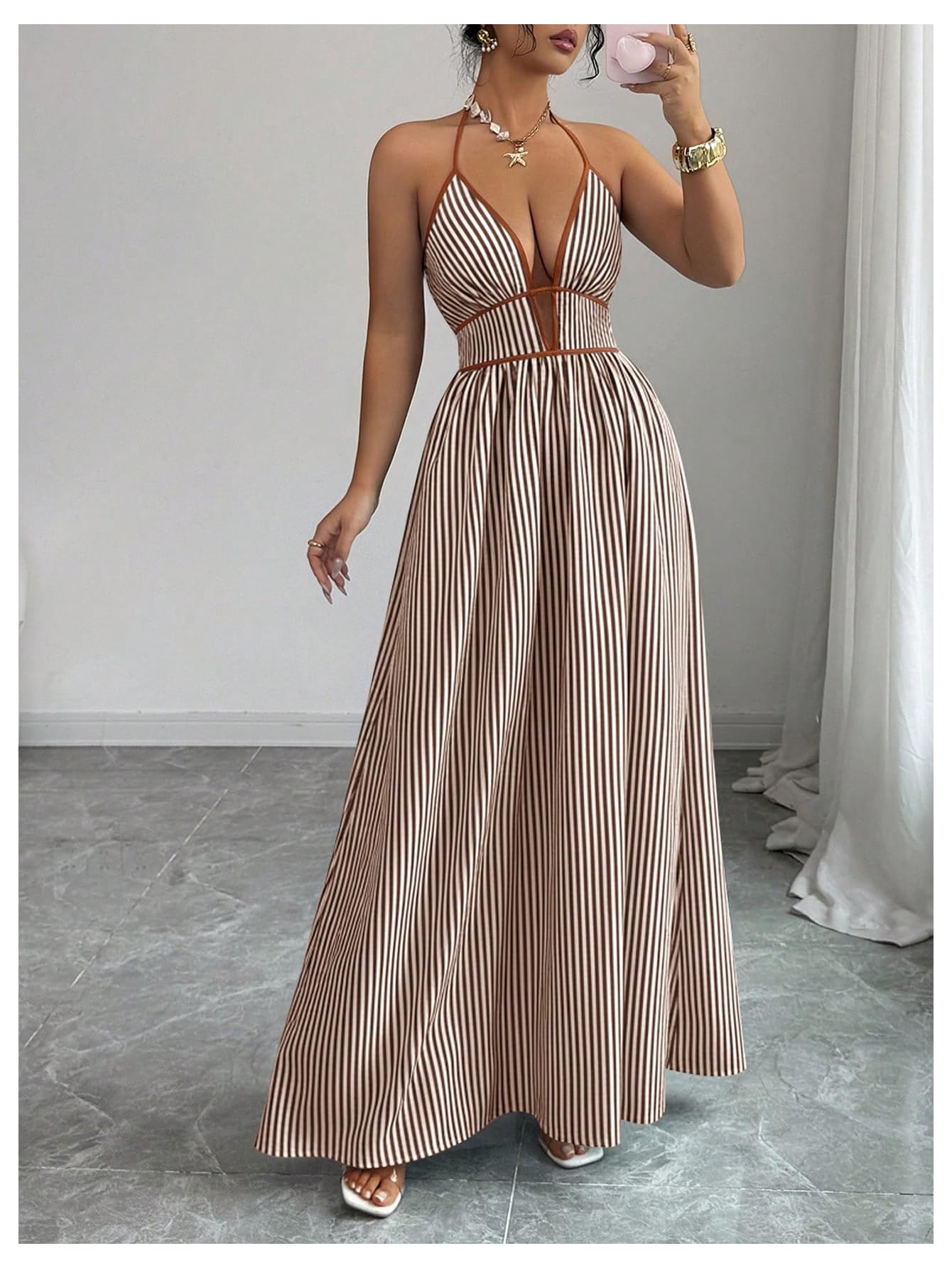 Floerns Women's Striped Halter Maxi Dress Backless Smocked Beach Vacation Boho Dress