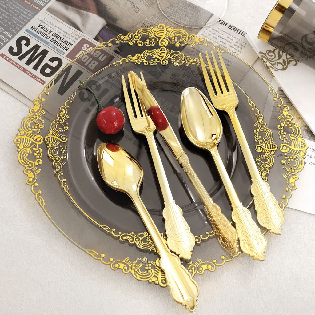 Nervure 175PCS Clear Blue Plastic Plates - Plastic Dinnerware Set Include 25Dinner Plates, 25Dessert Plates, 25Cups, 25Forks, 25Knives, 25Spoons, 25Napkins Perfect for Wedding & Party