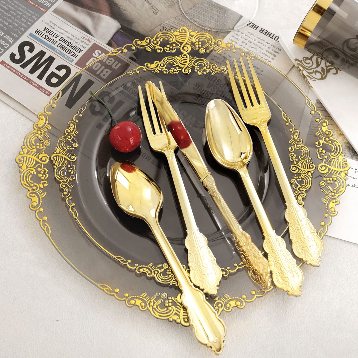 Nervure 175PCS Clear Blue Plastic Plates - Plastic Dinnerware Set Include 25Dinner Plates, 25Dessert Plates, 25Cups, 25Forks, 25Knives, 25Spoons, 25Napkins Perfect for Wedding & Party